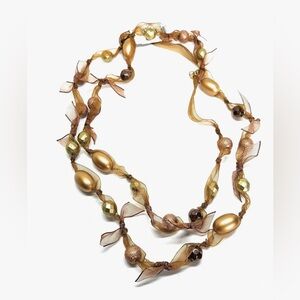Cookie Lee Long Beaded Ribbon Necklace Amber Brown Gold Costume Jewelry Vintage